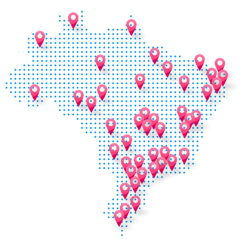 Mapa do Brasil com indicadores de locais em vermelho